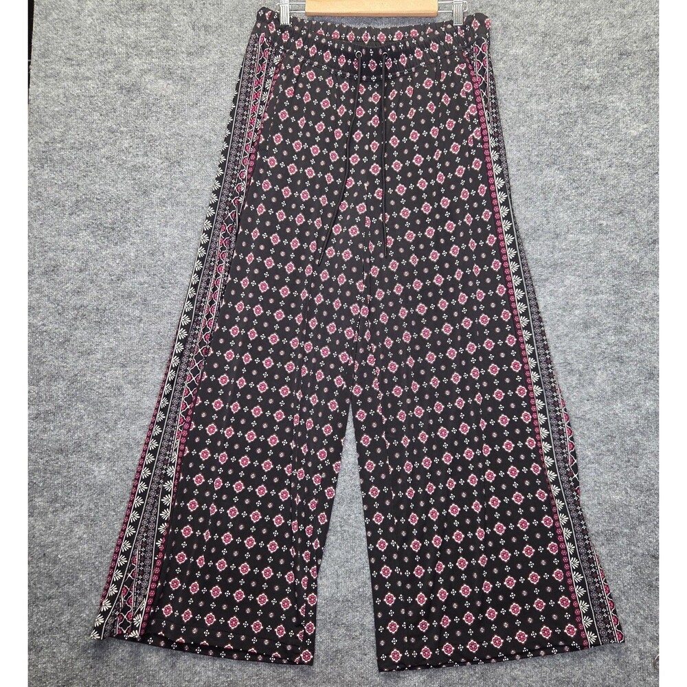 Lane Bryant Women Pant 14/16 Black Floral Wide Leg Elastic Waist Drawstring Boho